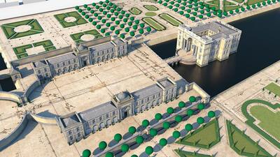 Servandoni, Op basis van de bewaarde, maar niet uitgevoerde plannen in het fonds d'Ursel van het Algemeen Rijksarchief, maakte Timothy De Paepe deze 3D-reconstruclle van het ideale kasteel, zoals gedroomd door de hertog en zijn architect