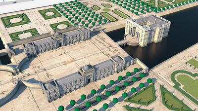 Servandoni, Op basis van de bewaarde, maar niet uitgevoerde plannen in het fonds d'Ursel van het Algemeen Rijksarchief, maakte Timothy De Paepe deze 3D-reconstruclle van het ideale kasteel, zoals gedroomd door de hertog en zijn architect 