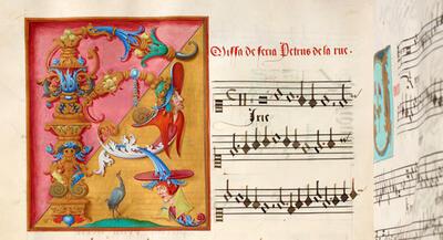 Brussel, KBR, ms. 15075, fol. 114v, Pierre de la Rue, lievelingscomponist van Margareta van Oostenrijk, Missa de Feria, detail van een uitgewerkt K-initiaal (Kyrie), Petrus Alamire,