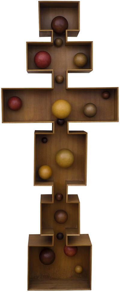 Pol Bury, 19 boules dans un volume ouvert, hout, gepolychromeerde kurk en elektrische motor,