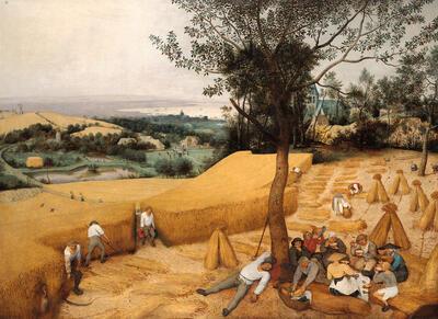 Landschap Pieter I Bruegel, De oogsters,  olieverf op paneel,  The Metropolitan Museum of Art, New York