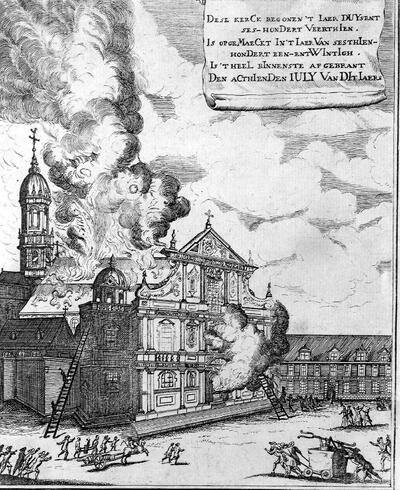 Pieter Paul Rubens, Pieter Balthazar Bouttats, Brand van de Sint-Carolus Borromeuskerk te Anwterpen, 1718, prent, 