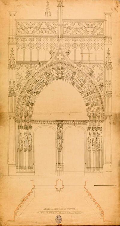 Jules Bilmeyer en Jozef Van Riel (?), Ontwerp voor de gebeeldhouwde decoratie van het westportaal, ca.1903, Antwerpen, Kathedraalarchief (in depot bij het Architectuurarchief Provincie Antwerpen), Onze-Lieve-Vrouwekathedraal,