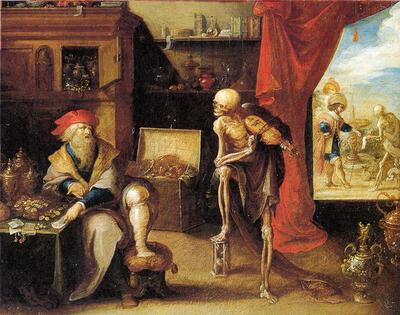 Frans II Francken, De vrek en de dood, ca. 1635, olieverf op koper,  MUSEUM VAN DE NATIONALE BANK VAN BELGIË, BRUSSEL