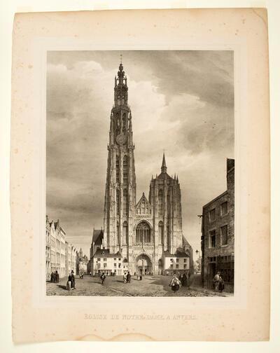 Gustave Simonau, De westgevel van de Onze-Lieve-Vrouwekathedraal voor de vrijmaking, 1843, Antwerpen, Museum Plantin-Moretus/Collectie Prentenkabinet - Unesco Werelderfgoed