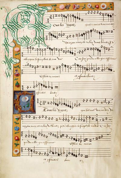 Brussel, KBR, ms. 228, fol. 3v, Pierre de la Rue, chanson,Tous les Regretz, Petrus Alamire,