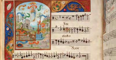 Brussel, KBR, ms. 15075, fol. 1v, miniatuur ‘Tota Pulchra’- voorstelling van Maria, omringd door de zinnebeelden van de Onbevlekte Ontvangenis, Petrus Alamire,
