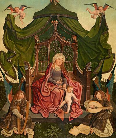 Meester van de Antwerpse Triptiek van Maria, Tronende Maria (detail), ca. 1500, olieverf op paneel, Petrus Alamire