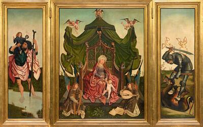 Meester van de Antwerpse Triptiek van Maria, Tronende Maria, ca. 1500, olieverf op paneel, Petrus Alamire,