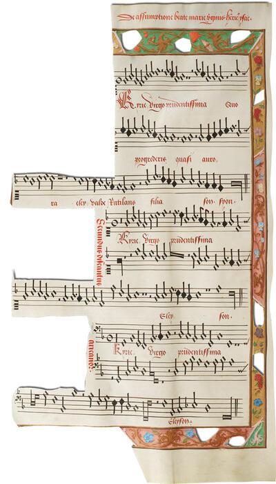Brussel, KBR, ms. 6428, fol. 62v, zeer groot maar zwaar beschadigd handschrift, miniaturen en versieringen zijn uitgesneden; op deze pagina bevond zich waarschijnlijk een miniatuur van de Hemelvaart van Maria bij de Missa Virgo Prudentissima van Heinrich Isaac, Petrus Alamire,