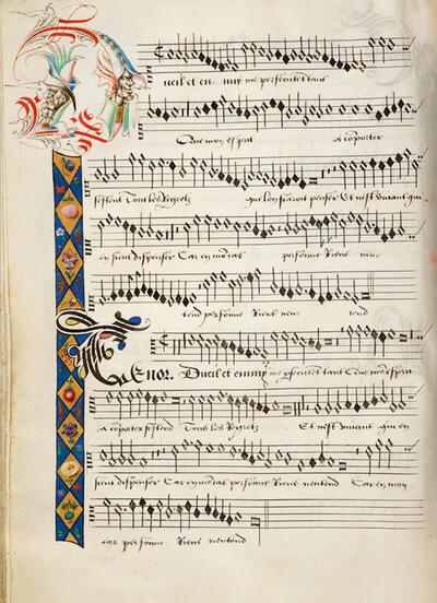 Brussel, KBR, ms. 228, fol. 7v, anoniem chanson Deuil et ennuy, Petrus Alamire,