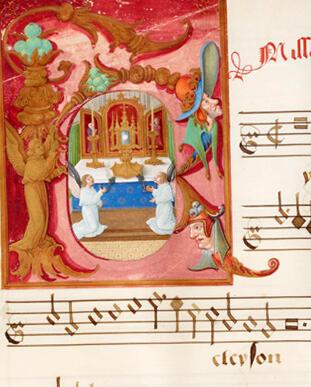 Brussel, KBR, ms. IV 922 (Occo Codex), fol. 12v, Hottinet Barra, Missa de Venerabili Sacramento, detail: miniatuur in K-initiaal, Petrus Alamire,