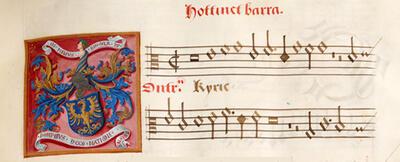 Brussel, KBR, ms. IV 922 (Occo Codex), fol. 13, Hottinet Barra, Missa de Venerabili Sacramento; het wapenschild van Pompeius Occo (ca. 1480-1537) met twee banderols met mottos ‘In melius singularis’ (alles ten beste) en ‘Pompeius Occo Natione Frisius’ (Pompeius Occo afkomstig uit Friesland), petrus alamire,