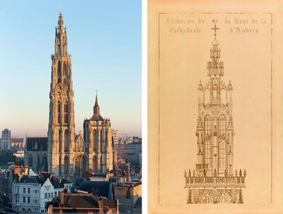 De westgevel van de Onze-Lieve-Vrouwekathedraal, Louis Serrure, Opmeting van de spits van de noordertoren van de Onze-Lieve-Vrouwekathedraal, 1837