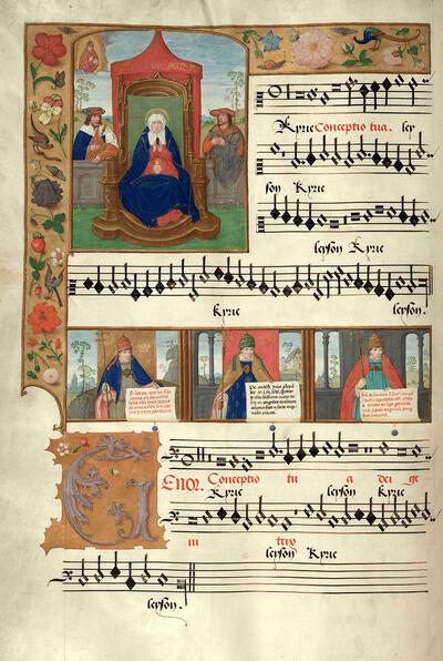 Mechelen, miniatuur van de Heilige Anna, moeder van Maria, tussen David en Solomon; afbeeldingen van pauzen die deelnamen aan de theologische discussies over de Onbevlekte Ontvangenis, bij de Missa Conceptio tua van Pierre de la Rue., Petrus Alamire,