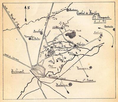 Militaire kaart met aantekeningen over de slag bij Sint-Margriete-Houtem, 18 september 1914 , groote oorlog