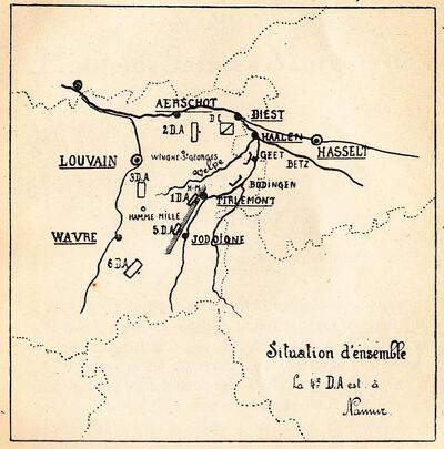 Militaire kaart met aantekeningen over de slag bij Sint-Margriete-Houtem, 18 september 1914, groote oorlog,