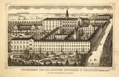 Prent met gezicht op het Ursulinenklooster van Tildonk, afkomstig uit een prospectus van ca. 1897, groote oorlog,