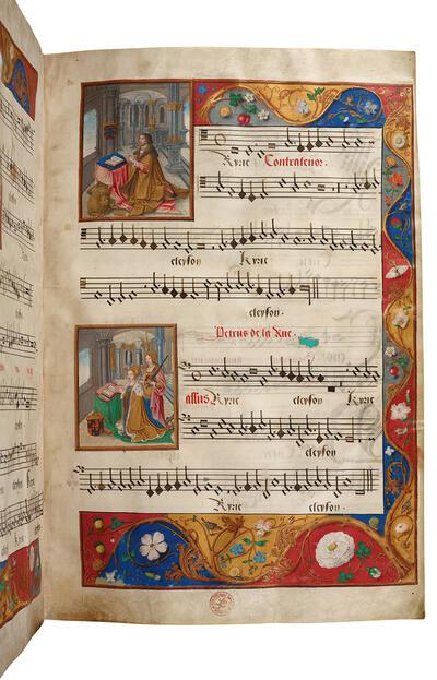 Petrus Alamire, Brussel, KBR, ms. 15075, fol. 2, Pierre de la Rue, Missa Conceptio tua, Kyrie, met miniatuur van João III van Portugal en Catharina van Oostenrijk, jongste zus van Karel, vermoedelijk naar aanleiding van hun huwelijk in 1524