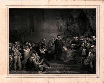 De tussenkomst van Willem van Oranje ten behoeve van de rooms-katholieke gevangenen te Gent in 1578 J. Pinnoy naar M.I. van Bree, Stad Gent, De Zwarte Doos, Stadsarchief, Atlas Goeghebeur, Nederlanden