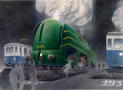 François Schuiten, tekening voor de scenograﬁe van het nieuwe museum van de Belgische spoorwegen, in het midden stoomlocomotief Type 12, Train World,