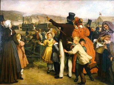 Jan Antoon Neyhuys, Inhuldiging van de eerste spoorlijn in België (vertrek uit Brussel-Groendreef op 5 mei 1835), vermoedelijk 1885, olieverf op doek,, Train World,