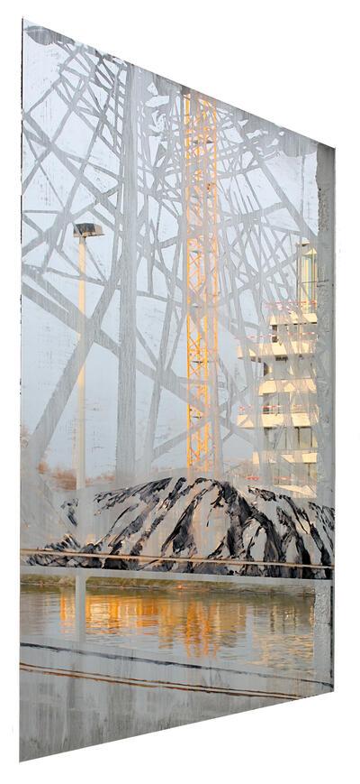 Karen Vermeren. Etna in CIAP. 2014. acryl en kalk op het raam,