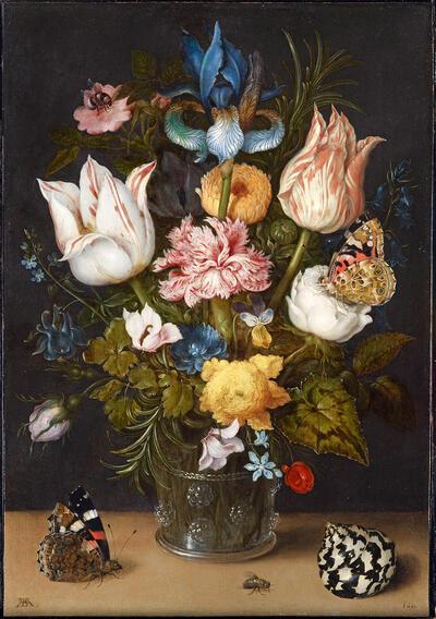 Ambrosius Bosschaert, Bloemen in een bekerglas met een vlinder en een schelp op de voorgrond, 1612, koper, bloemenstilleven