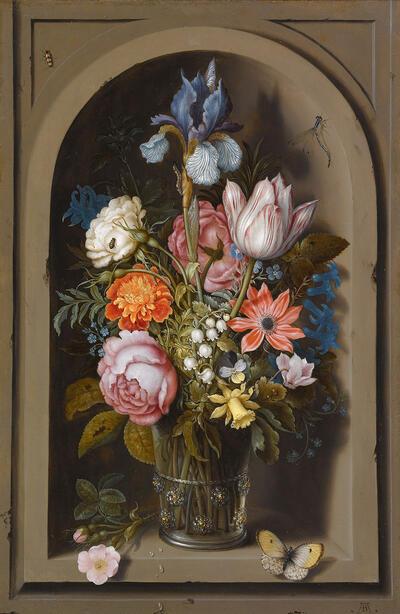 Ambrosius Bosschaert, Een glazen roemer met bloemen in een nis, ca. 1618 (?), koper, Bloemstilleven,