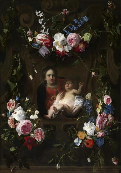 Daniël Seghers en Cornelis Schut, Maria met kind in een bloemenkrans, ca 1640-1650?, paneel, Bloemstilleven,