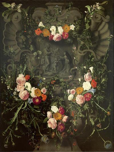 Daniël Seghers en Erasmus Quellinus de Jonge, Heilige Catharina van Siena in een bloemenkrans, ca. 1640-1650?, doek, Bloemstilleven,