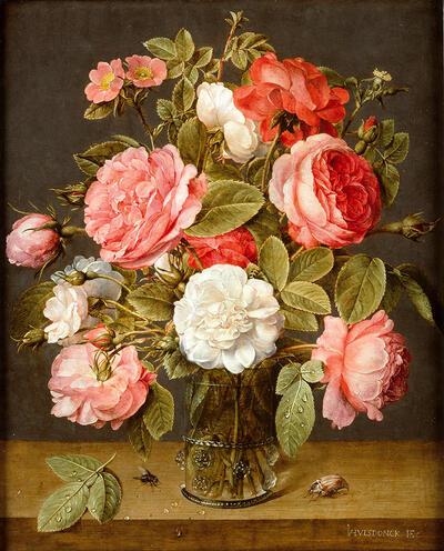 Jacob van Hulsdonck, Een glazen roemer met rozen en egelantier, na ca. 1640, koper, bloemstilleven,