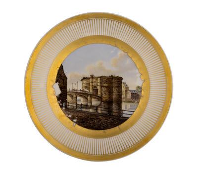 Porseleinen borden met gezichten op het koninkrijk: De poort van Amercœur in Luik, F. Faber, 1819-1821, Koninklijke Verzamelingen Den Haag, Nederlanden