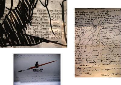 Gesigneerde autografische brief van Francis Picabia, gericht aan Christine Boumeester, Tekening (detail) van Alechinsky op het typoscript ‘Poisson bien soluble’ van Michel Butor, 