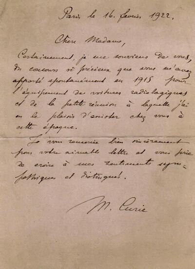 Gesigneerde autobiografische brief van Marie Curie, gericht aan Winnaretta Singer, Prinses van Polignac, 16 februari 1922, Parijs, Privécollectie/Museum van Letteren en Manuscripten