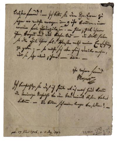 Gesigneerde autografische brief van Wolfgang Amadeus Mozart, gericht aan Geoffroy de Jacquin, 29 mei 1787, Wenen, Privécollectie/Museum der Letteren en Manuscripten