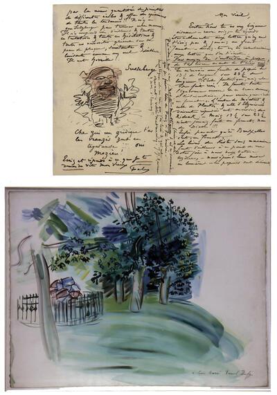 Gesigneerde autografische brief van Félicien Rops, gericht aan Théodore Hannon,Gesigneerd aquarel ‘Le Parc’ van Raoul Dufy, Manuscripten