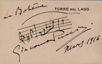 Gesigneerde autografische kaart van Giacomo Puccini met muzieknoten, maart 1916, Torre del Lago, Privécollectie/Museum der Letteren en Manuscripten