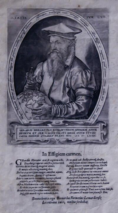 Eer aan auteur Gerard Mercator in het postuum uitgegeven Atlas sive Cosmographicae, 1595, Düsseldorf,