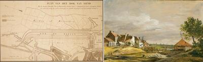 Plan van het Gentse Handelsdok en de aansluiting op het kanaal Gent-Terneuzen, De verzande Sassevaart en de brug van Meulestede tijdens het graven van het kanaal Gent-Terneuzen, P.F. De Noter, 1827, Nederlanden,