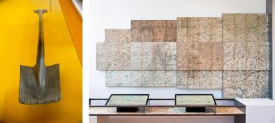 Duitse spade uit WOI, onder dwang gebruikt door Frans Vandegoor uit Wijgmaal, Opstelling van een manshoge stafkaart van Vlaams-Brabant uit 1910-1911 in het Belevingscentrum ’14-’18 in Tildonk, groote oorlog,