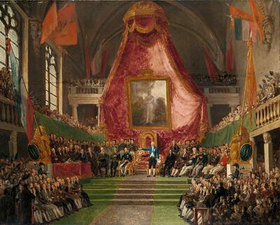 De plechtige installatie van de Universiteit van Gent door de kroonprins in de troonzaal van het stadhuis, 1817, M.I. van Bree, Nederlanden,