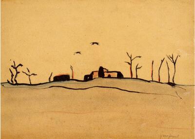 Felix De Boeck, IJzerfront, 1918,  Oostindische inkt en kleurpotlood op papier, groote oorlog