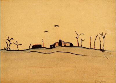 Felix De Boeck, IJzerfront, 1918, Oostindische inkt en kleurpotlood op papier, groote oorlog