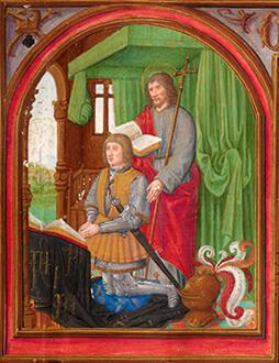 Petrus Alamire, Brussel, KBR, ms. 9126, fol. 2, details uit het koorboek voor Filips de Schone en Johanna van Castilië; miniaturen van Filips en Johanna en hun heiligen bij de Missa Ave maris stella van Josquin des Prez