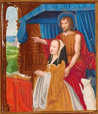Petrus Alamire, Brussel, KBR, ms. 9126, fol. 2, details uit het koorboek voor Filips de Schone en Johanna van Castilië; miniaturen van Filips en Johanna en hun heiligen bij de Missa Ave maris stella van Josquin des Prez