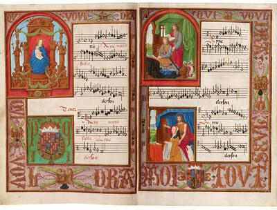 Petrus Alamire, Brussel, KBR, koorboek voor Filips de Schone en Johanna van Castilië; links boven: miniatuur van de Heilige Maagd en het Kind in glorie bij de Missa Ave maris stella van Josquin des Prez; rechts Filips en Johanna met hun wapenschilden, wapenspreuken ‘Qui vouldra’ en ‘Moi tout seul’ en initialen P(hilippe) en I(oanna)