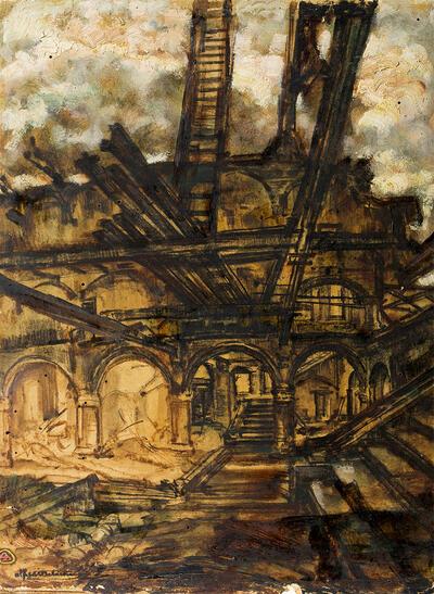 Alfred Delaunois, Het puin van de Universiteitshal, 1914, inkt, krijt, papier en gouache,
