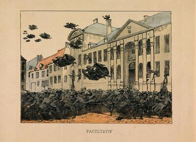 Spotprent op het facultatief maken van het Filosofisch College te Leuven, 1829, Nederlanden,
