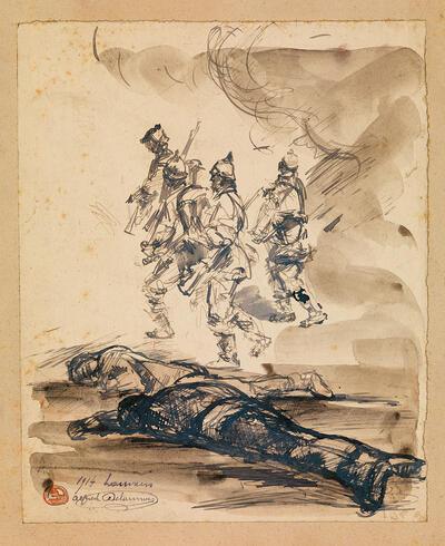 Alfred Delaunois, Soldaten en slachtoffers, 1914, gewassen pentekening op papier gekleefd op karton, M - Museum Leuven, groote oorlog,
